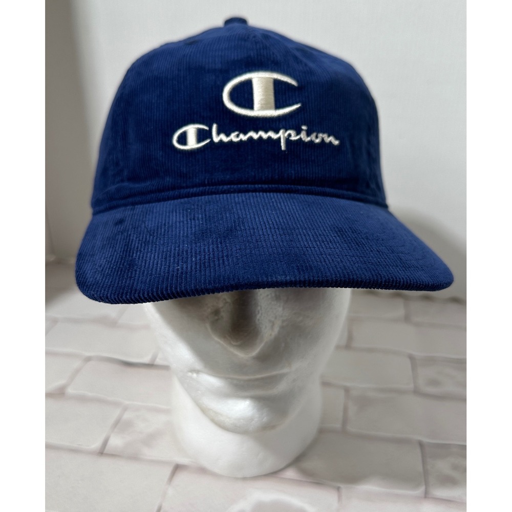 Champion Corduroy Baseball Cap Navy Blue Embroidered Logo Adjustable One Size‎